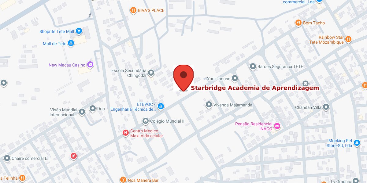 Mapa com a localização da Starbridge Learning Academy no Bairro Chingodzi, Tete — toque para direcções